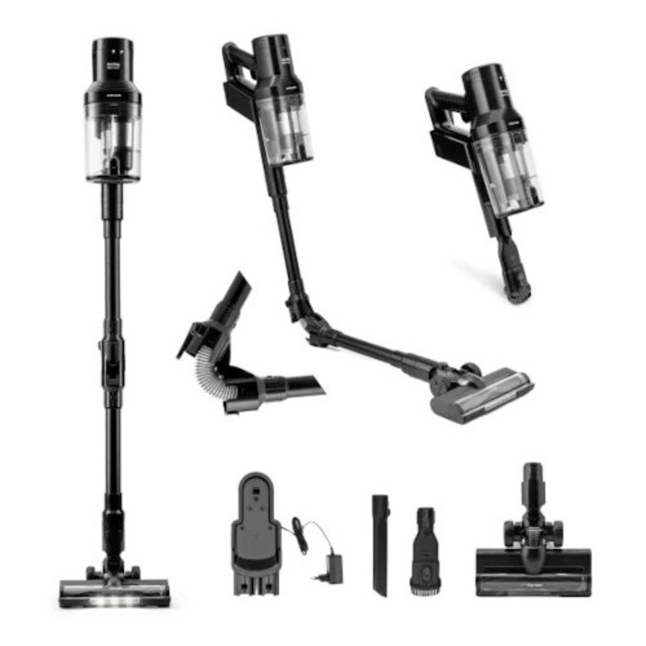 Aspirator fara fir, FlexiSpace, portabil, fara sac, 2 in 1, 160 W, putere de aspirare: 11 kPa, filtru HEPA dublu, baterie: Li-ion 22, 2 V - 2200 mAh, 48, 8 Wh, Negru