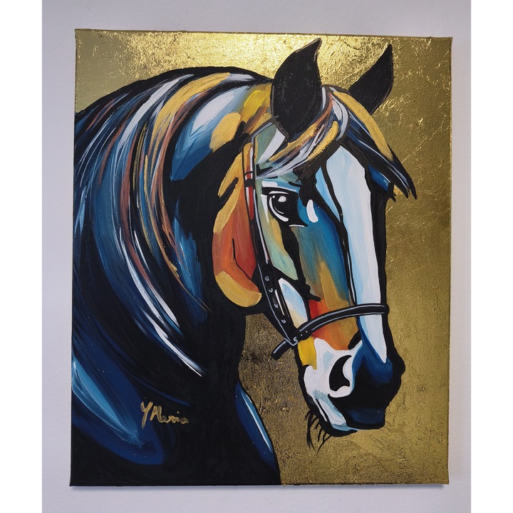 Tablou cal cu foita de aur, pictat manual, tehnica acrilice, dimensiune 50/60 cm