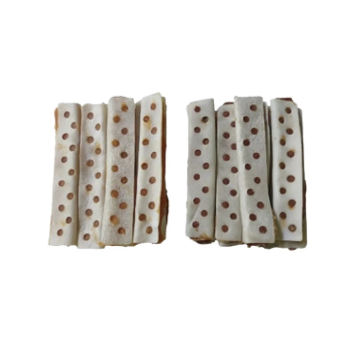 Recompense pentru caini, Tail Swingers, piele cu gauri umplute cu carne de pui si rata, 12 cm, 80 buc, gustari hranitoare si atractive pentru ros