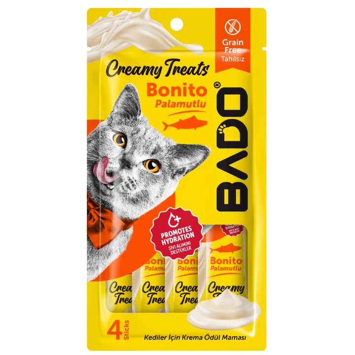 Gustare cremoasa pentru pisici, Bado, cu bonito, fara cereale, 4x15 g, snack premium, gust intens de peste, textura cremoasa, recompensa sanatoasa