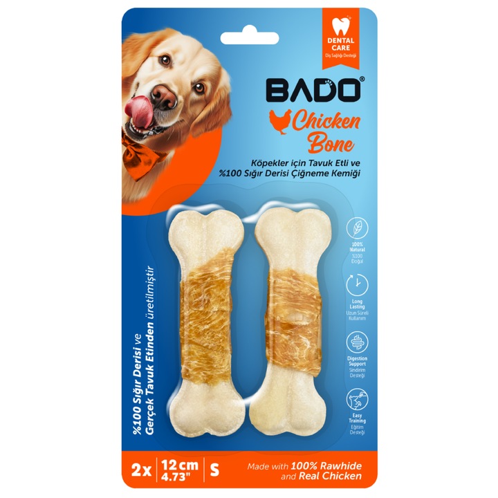 Recompense pentru caini, Bado, os din piele presata cu pui, marimea S, 12 cm, 2 bucati, snack dentar, proteine pentru vitalitate, mestecare sanatoasa