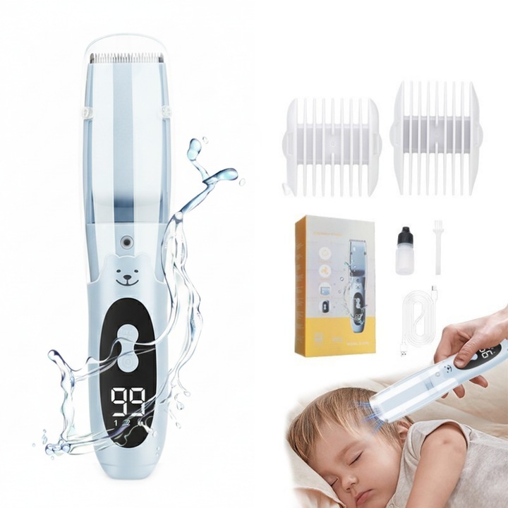 Wanty® 1200mAh Baba és Gyermek Hajnyíró, Hajnyíró Gép Hajszívó Funkcióval, Könnyen Tisztítható, 2 Sebességfokozat, Ultra Csendes, Safe R Kerámia Pengék, Precíz és Finom Vágás, Vízálló, Kék