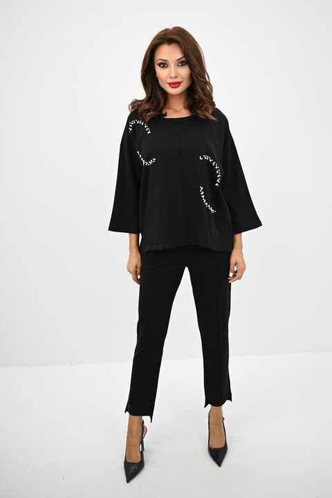 Compleu casual cu strass, Negru, 36