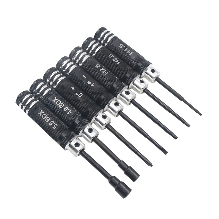 7 darabos csavarhúzó készlet modellekhez, acél és alumínium, fekete, 105x138mm