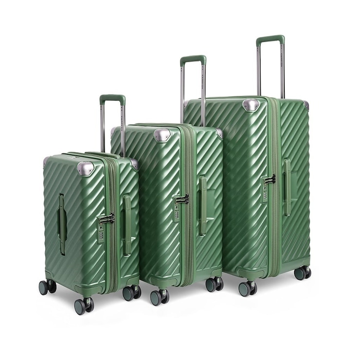 Комплект куфари Carryon Trunk, поликарбонат, 1 кабинен и 2 регистрирани багажа, TSA комбинация, 4 колела с окачване, зелен