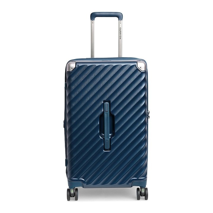Nagy bőrönd Carryon Trunk, polikarbonát, 79x45x37 cm, feladott poggyászhoz, TSA kód, 4 kerék felfüggesztéssel, kék