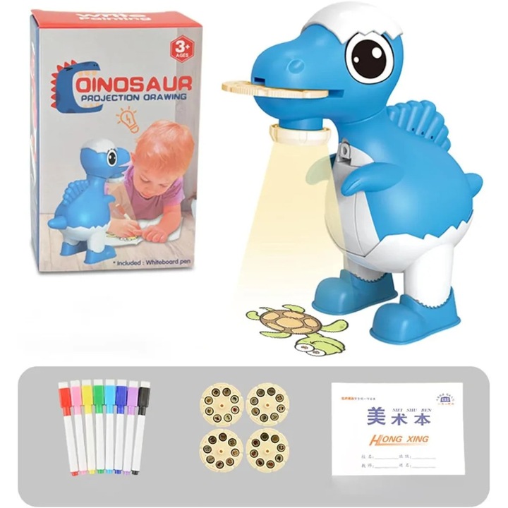 Jucărie Proiector Educațional Dinozaur, 32 Imagini Proiectate, Set cu 8 Carioci Colorate, Caiet de Desen, Albastru