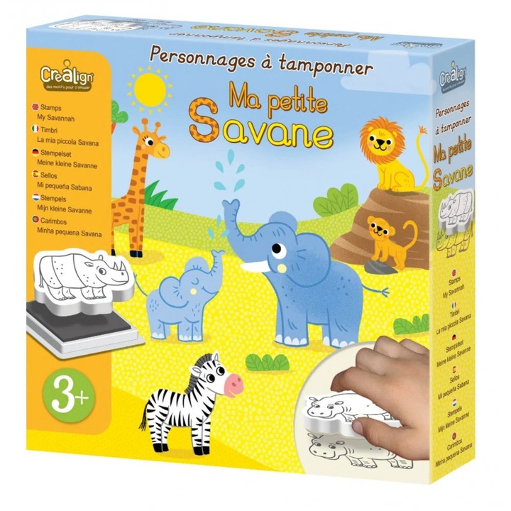 Set 10 stampile din spuma cu animale din savana, Crealign, include tusiera, multicolor, 3 ani