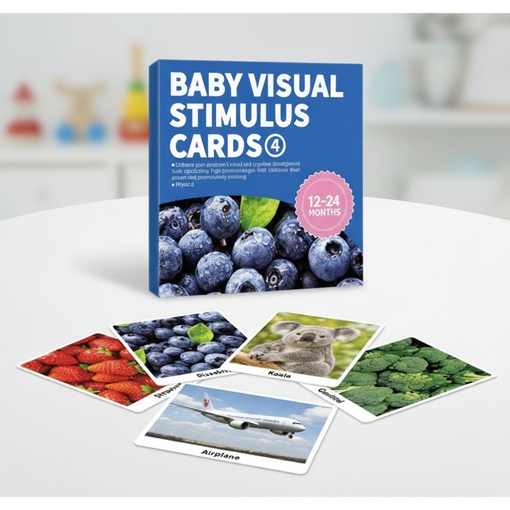 Комплект от 20 образователни карти за визуална и когнитивна стимулация за бебета, приблизително 18 см, тип Монтесори, с интерактивни цветни изображения, Teona Concept, 6-12 месеца