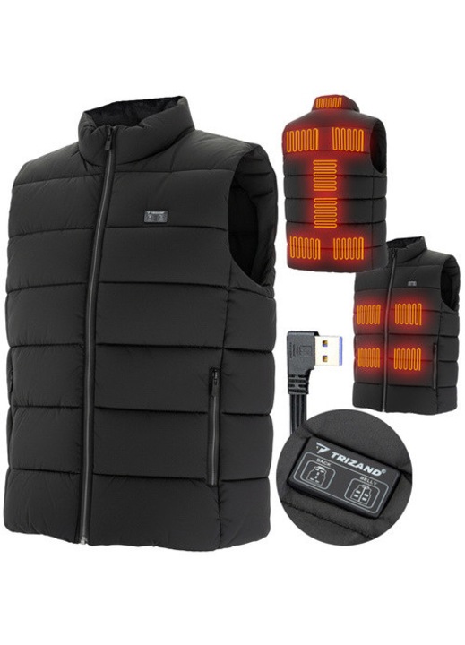 Vesta incalzita, marime XL, 11 zone de incalzire, 3 trepte de temperatura, alimentare USB, guler inalt captusit, material poliester si fibra de carbon, culoare Negru