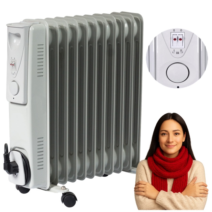 Radiator Cu Ulei Rezidential, Volteno, 1000 / 1500 / 2500 W, 11 Elemente, Termostat Mecanic Reglabil, Protectie La Supraincalzire, Ideal Pentru Locuinte Si Birouri, 55 x 48.7 x 24 cm, Gri