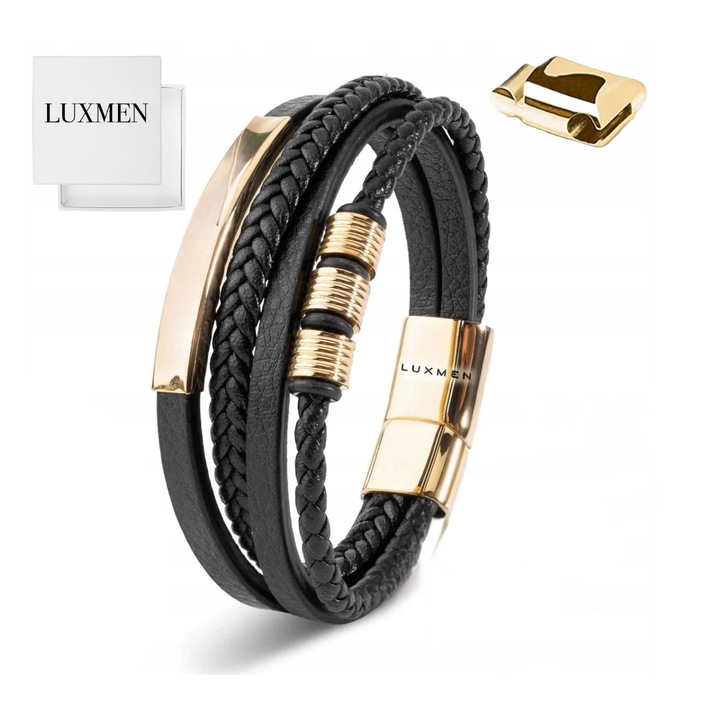 Bratara Reglabila Si Cutie, Luxmen, Piele De Miel Si Otel Inoxidabil Placat Cu Aur, Hipoalergenica, Fara Nichel, Fabricata Manual In Italia, Inchidere Magnetica Solida, 21 cm x 1.5 cm, Multicolor