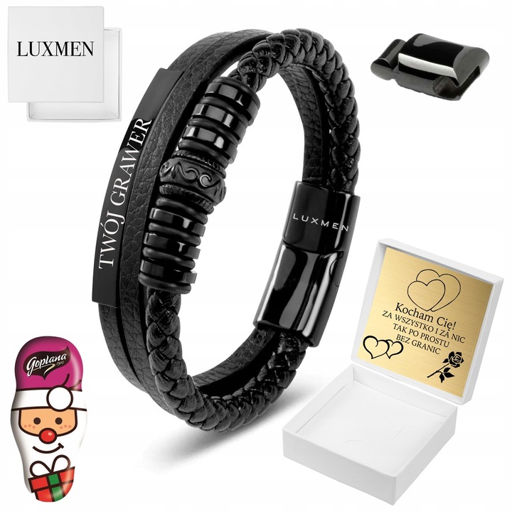 Bratara Reglabila, Luxmen, 100% Piele Naturala Si Otel Inoxidabil, Hipoalergenica, Inchidere Cu Clips Si Magnet, Fabricata Manual Cu Precizie, 21 cm + 1.5 cm, Negru