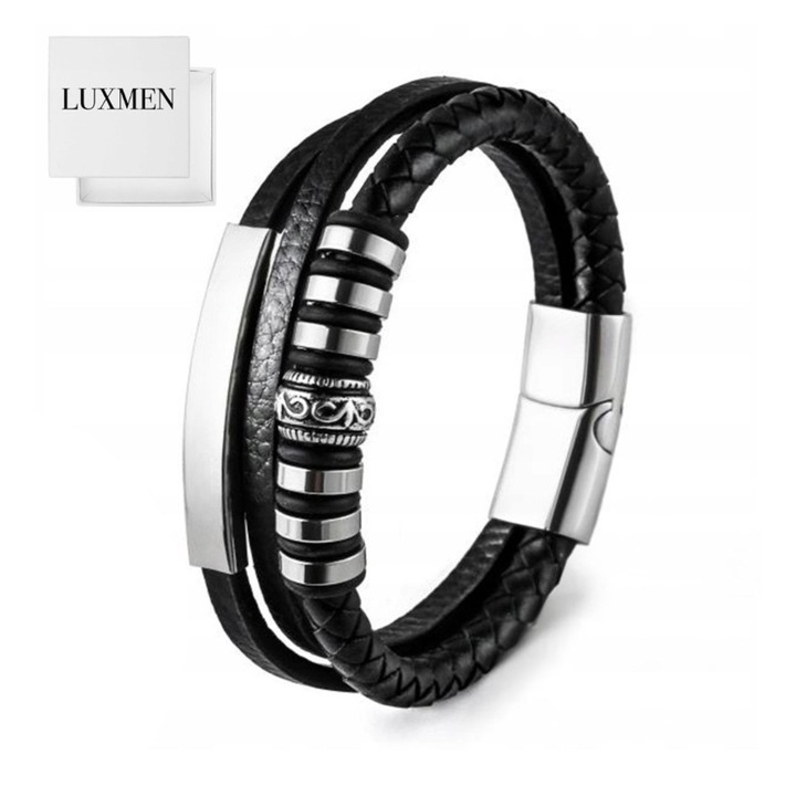 Bratara Barbateasca Din Piele Si Cutie, Luxmen, Piele Naturala Cu Elemente Din Otel Inoxidabil Placate Cu Argint, Hipoalergenica, Fabricata Manual, 21 cm x 1.2 cm, Argintiu