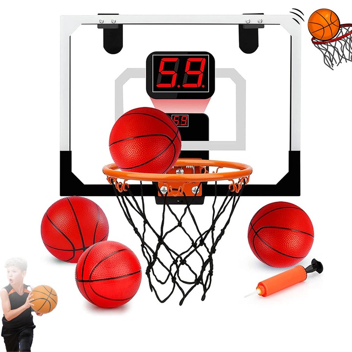 Комплект за баскетбол на закрито, Bedee, с електронен LED дисплей, Може да бъде окачен на врата, има електронна табло за отчитане на резултати, Висококачествени материали, лесен за сглобяване, четири топки и мрежа и е подходящ за спални