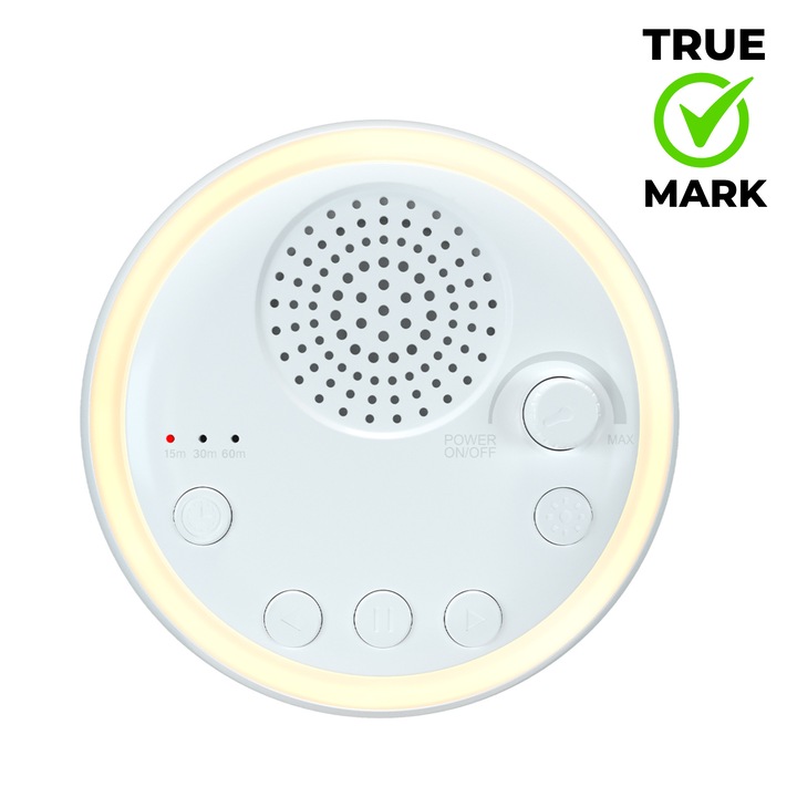 TRUE MARK - Aparat White Noise, 30 sunete naturale, portabil, timer, lumina de veghe, autonomie 20h, pentru bebelusi, copii si adulti