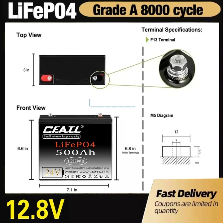 Baterie LiFePO4 24V 500Ah cu BMS 200A integrat, reincarcabila, pentru sisteme solare, RV, rulote, ambarcatiuni