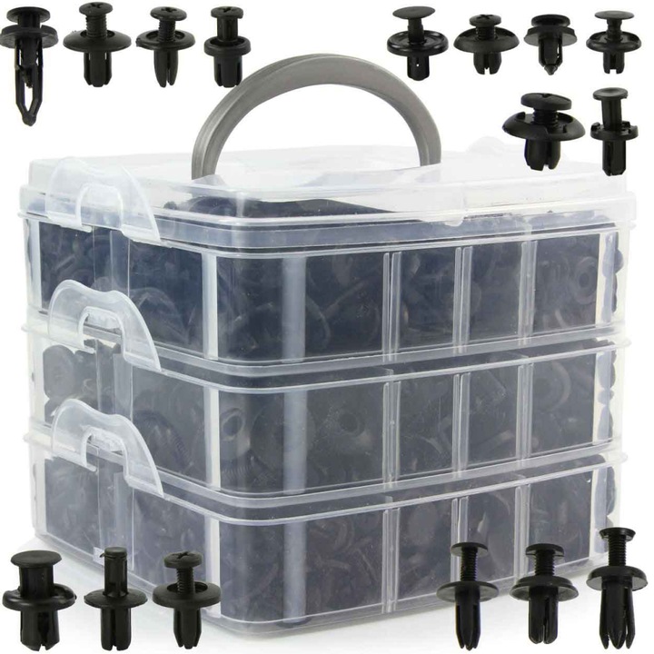 Set 620 clipsuri universale auto, Zola, dimensiuni si tipuri de pini diferite, plastic, negre, cutie depozitare