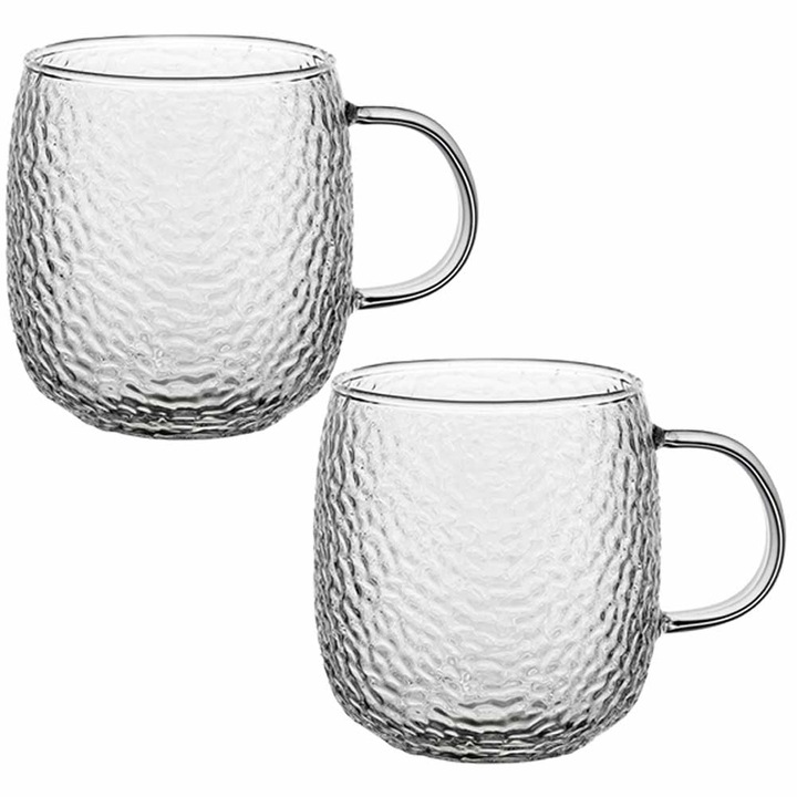 Set 2 cani latte din sticla Savia 380 ml Florina, pereti dubli, maner confortabil