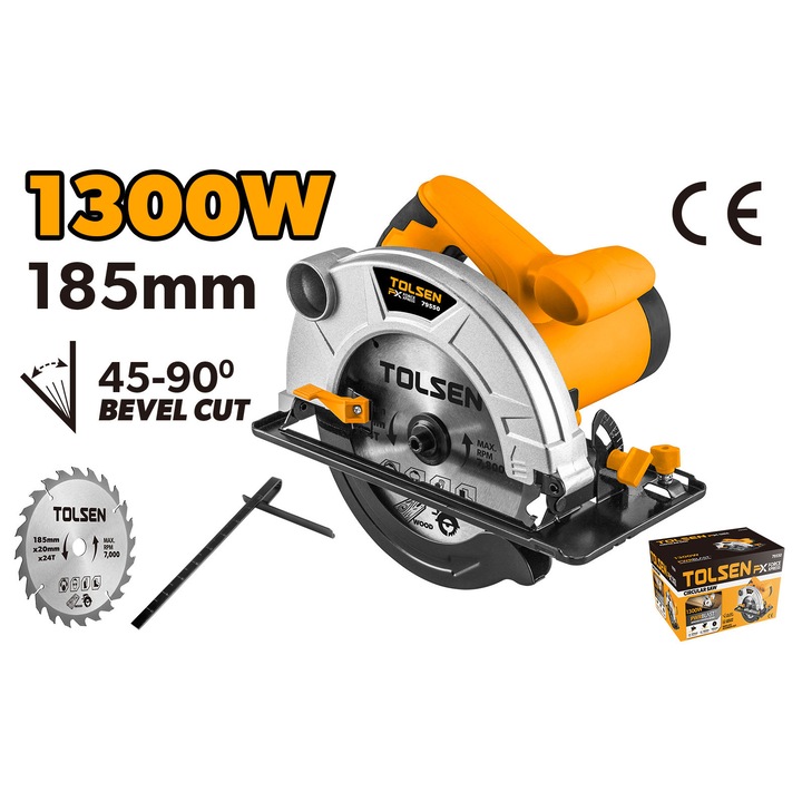 Fierastrau circular TOLSEN 1300W, 230-240V, disc 185mm, adancime taiere 65mm, reglare 0-45°, carcasa aluminiu, viteza 0-5000rpm, blocare arbore, accesorii incluse, pentru lemn si bricolaj