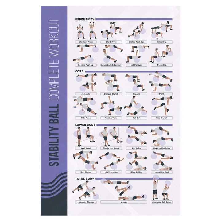 Постер с упражнения за тренировка с топка PosterMate, хартия, лилав/бял/черен, 41,5 x 63,5 см