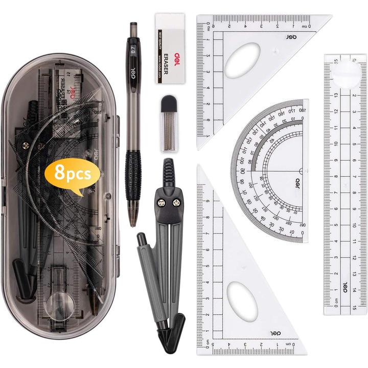 Set 8 rechizite scolare, compas, echer, rigla 15 cm, raportor, radiera, creion mecanic cu mina