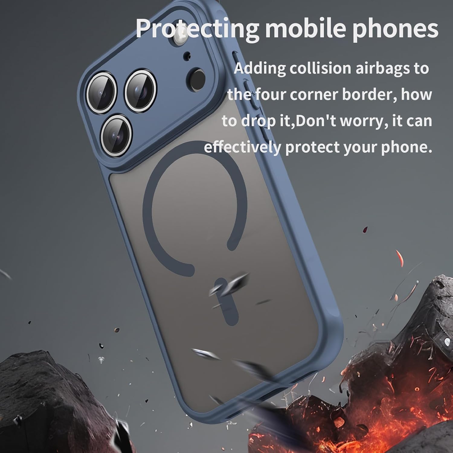 Husa Matte MagSafe pentru IPhone 17 Pro, protectie completa, contur albastru