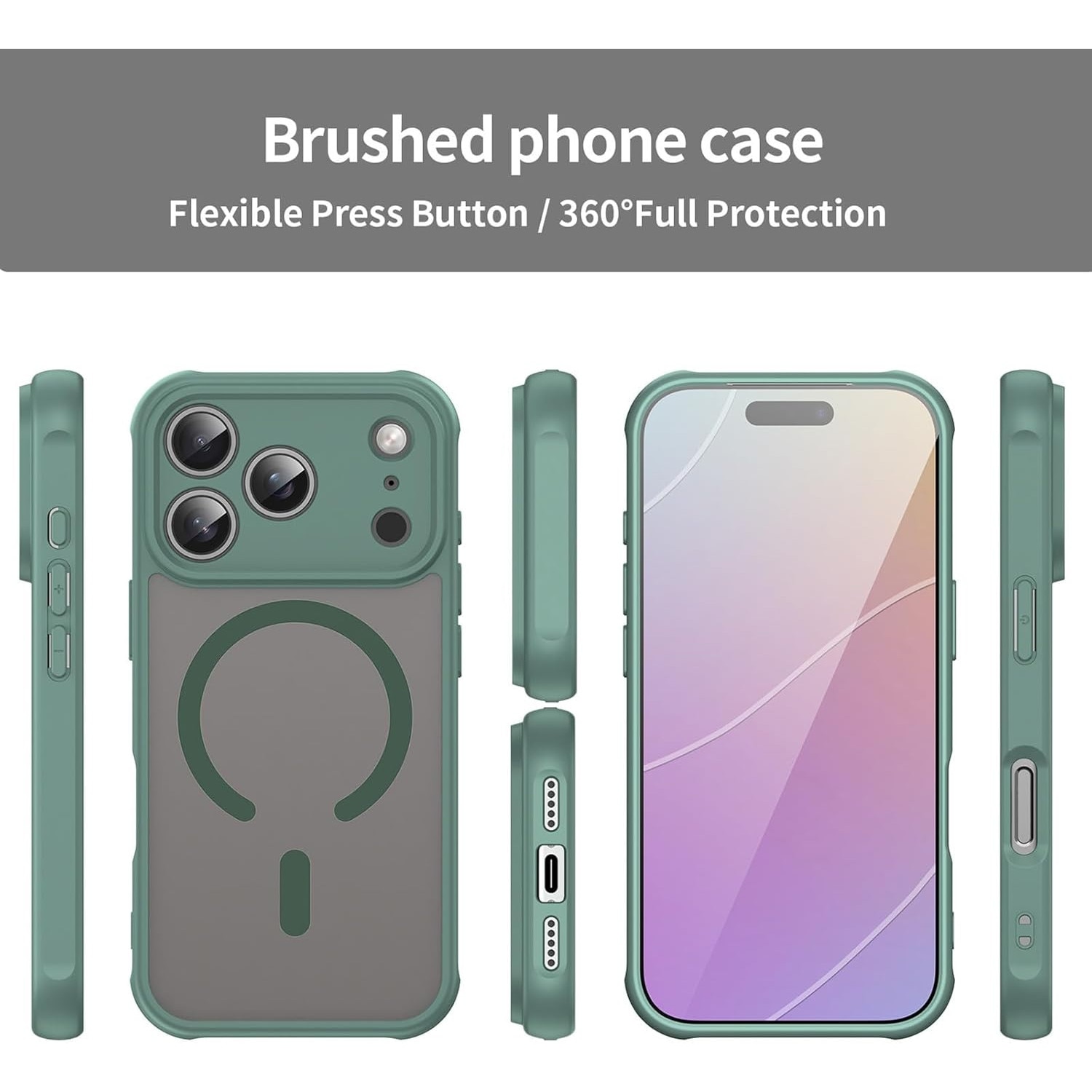Husa Matte MagSafe pentru IPhone 17 Pro, protectie completa, contur verde