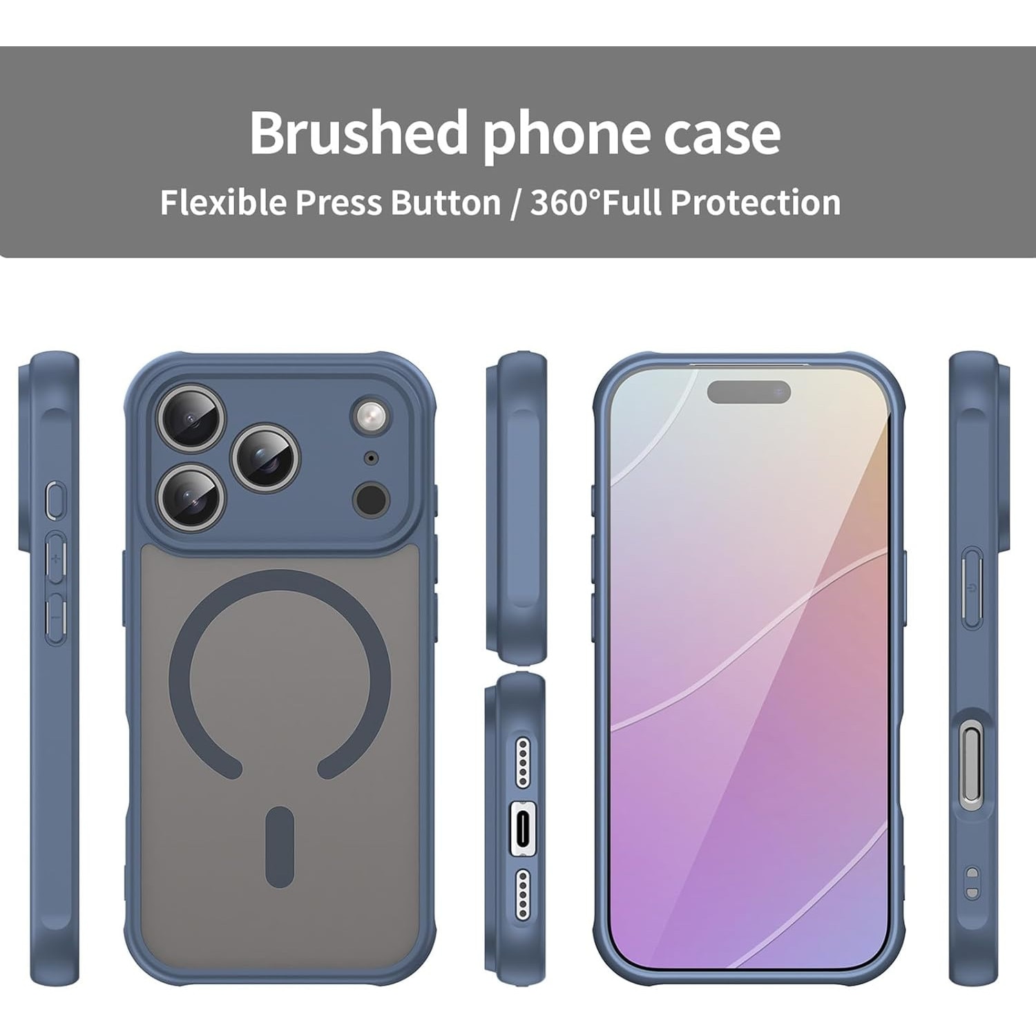 Husa Matte MagSafe pentru IPhone 17 Pro, protectie completa, contur albastru