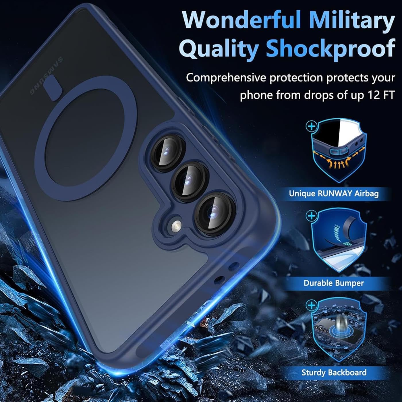 Husa Matte MagSafe pentru Samsung Galaxy S25 5G, protectie completa, contur albastru