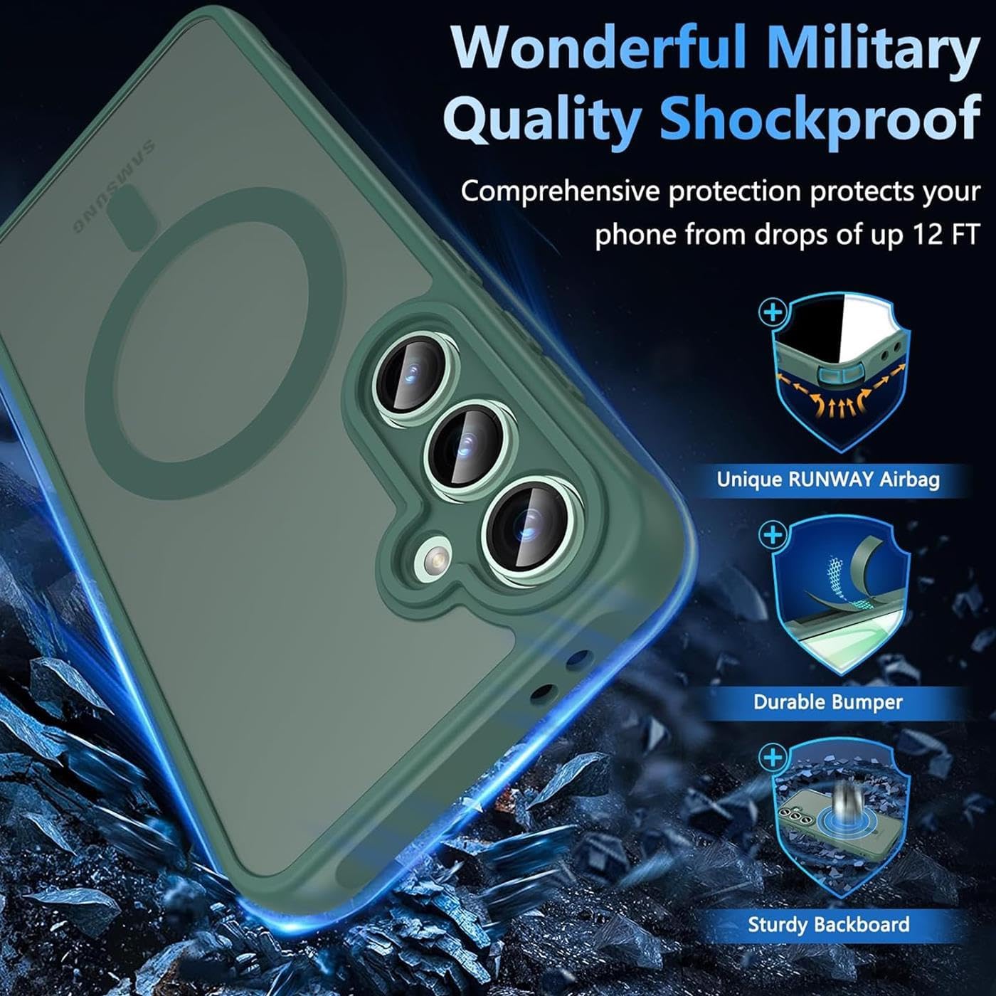 Husa Matte MagSafe pentru Samsung Galaxy S25 Plus 5G, protectie completa, contur verde