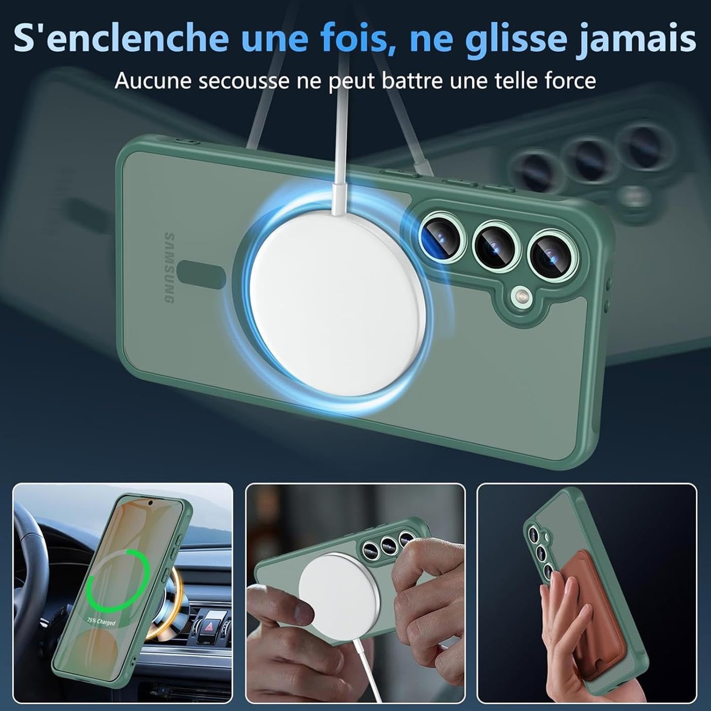 Husa Matte MagSafe pentru Samsung Galaxy S25 Plus 5G, protectie completa, contur verde