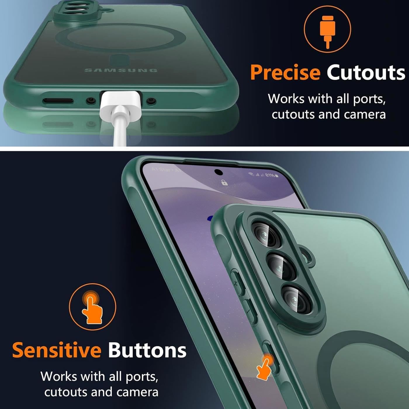Husa Matte MagSafe pentru Samsung Galaxy S25 Plus 5G, protectie completa, contur verde