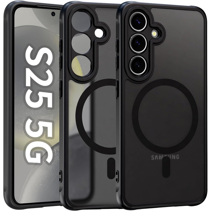 Husa Matte MagSafe pentru Samsung Galaxy S25 5G, protectie completa, contur negru