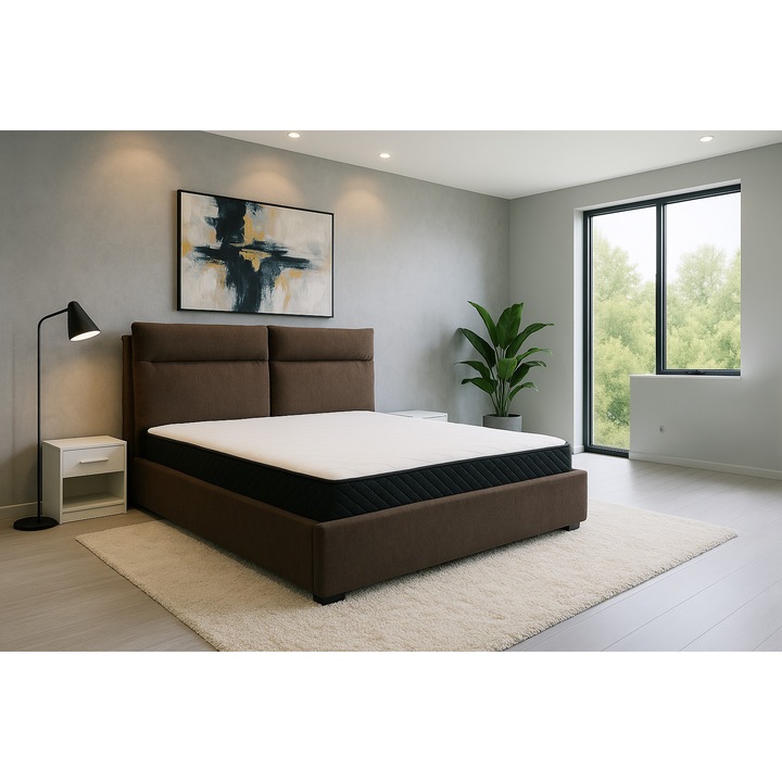 Pat tapitat Black Red White 160x200cm, culoare Maro, cu 2 noptiere