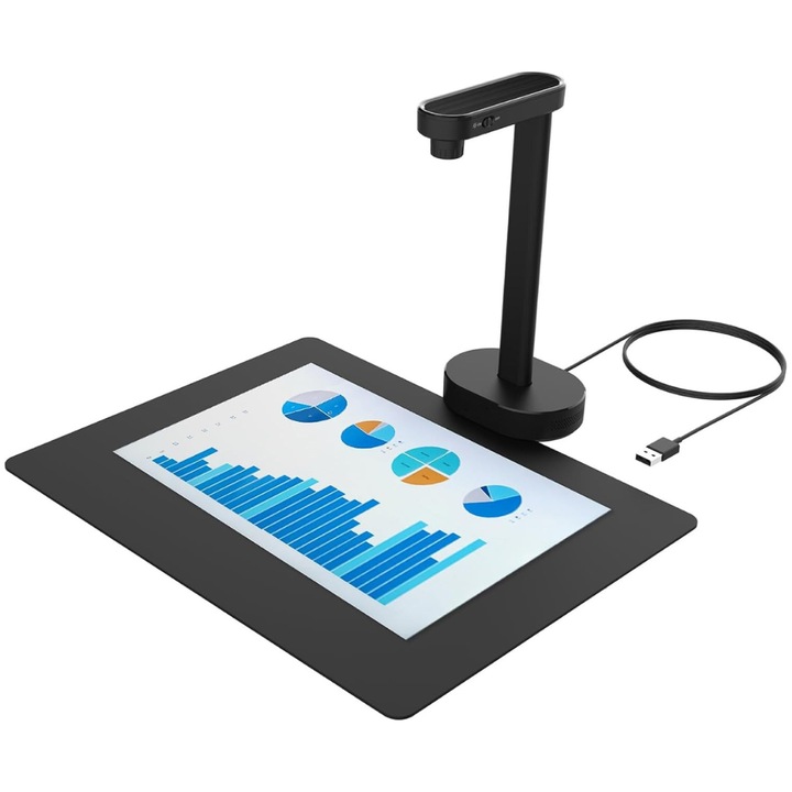 Kamera Szkenner A4 Dokumentumokhoz, 4K Felbontás, 30 FPS, 16 MP, Automatikus Fókusz, OCR Technológia, Szövegfelolvasó, Mikrofon, LED Világítás, Kompatibilis Windows, Mac OS, Chromebook Rendszerekkel, USB 2.0 Csatlakozás, Egérpad Mellékelve, Fekete