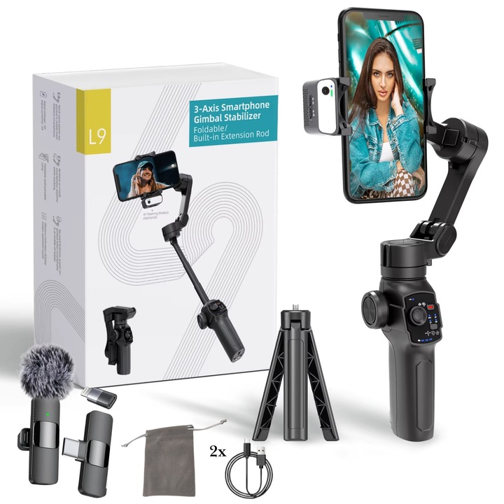 Stabilizator imagine PLEMORY® pentru telefon, tip Gimbal 3 Axe, Control prin gesturi cu AI, Urmarire faciala automata AI, Stabilizare foto video, Tija extensibila, LED cu 9 moduri de lumina, Microfon lavalier si Husa incluse