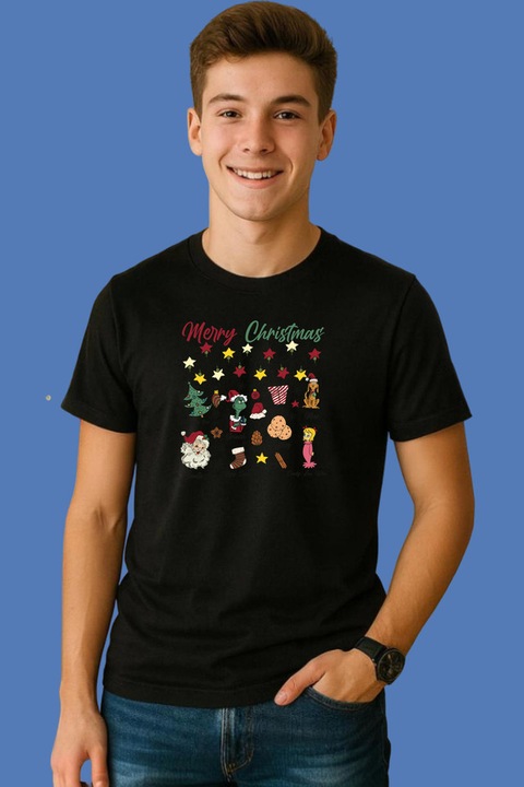 Tricou Barbat Merry Christmas Doodle Icons Holiday Set, Negru