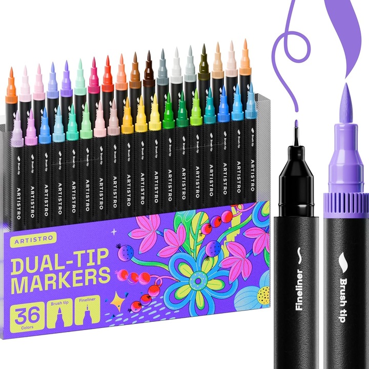 Set 36 markere Dual Brush Pen pentru desen Artistro, varf fin 0.4mm + brush, culori vibrante, pe baza de apa, non-toxic, ideal pentru desen, colorat si cadou