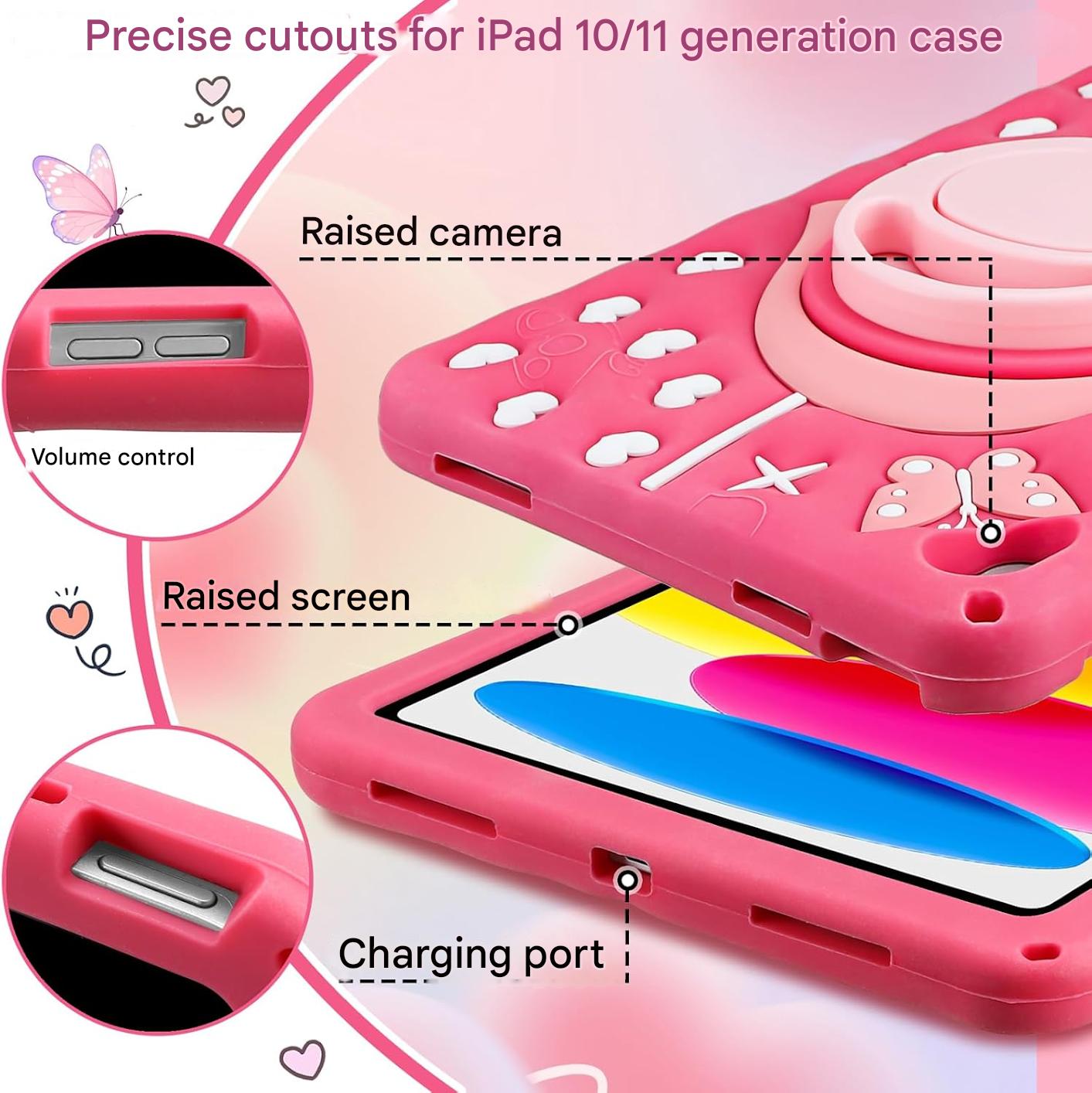 Husa de protectie Vofolen pentru iPad A16 11" / A10 10 "9", fluture, roz, rezistenta la socuri, cu maner rotativ 360, suport si curea de umar