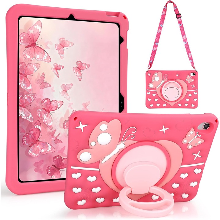 Husa de protectie Vofolen pentru iPad A16 11" / A10 10 "9", fluture, roz, rezistenta la socuri, cu maner rotativ 360, suport si curea de umar