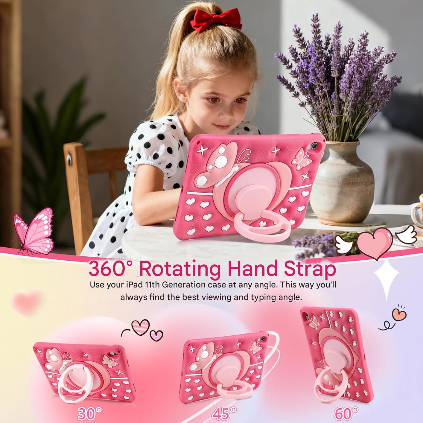 Husa de protectie Vofolen pentru iPad A16 11" / A10 10 "9", fluture, roz, rezistenta la socuri, cu maner rotativ 360, suport si curea de umar