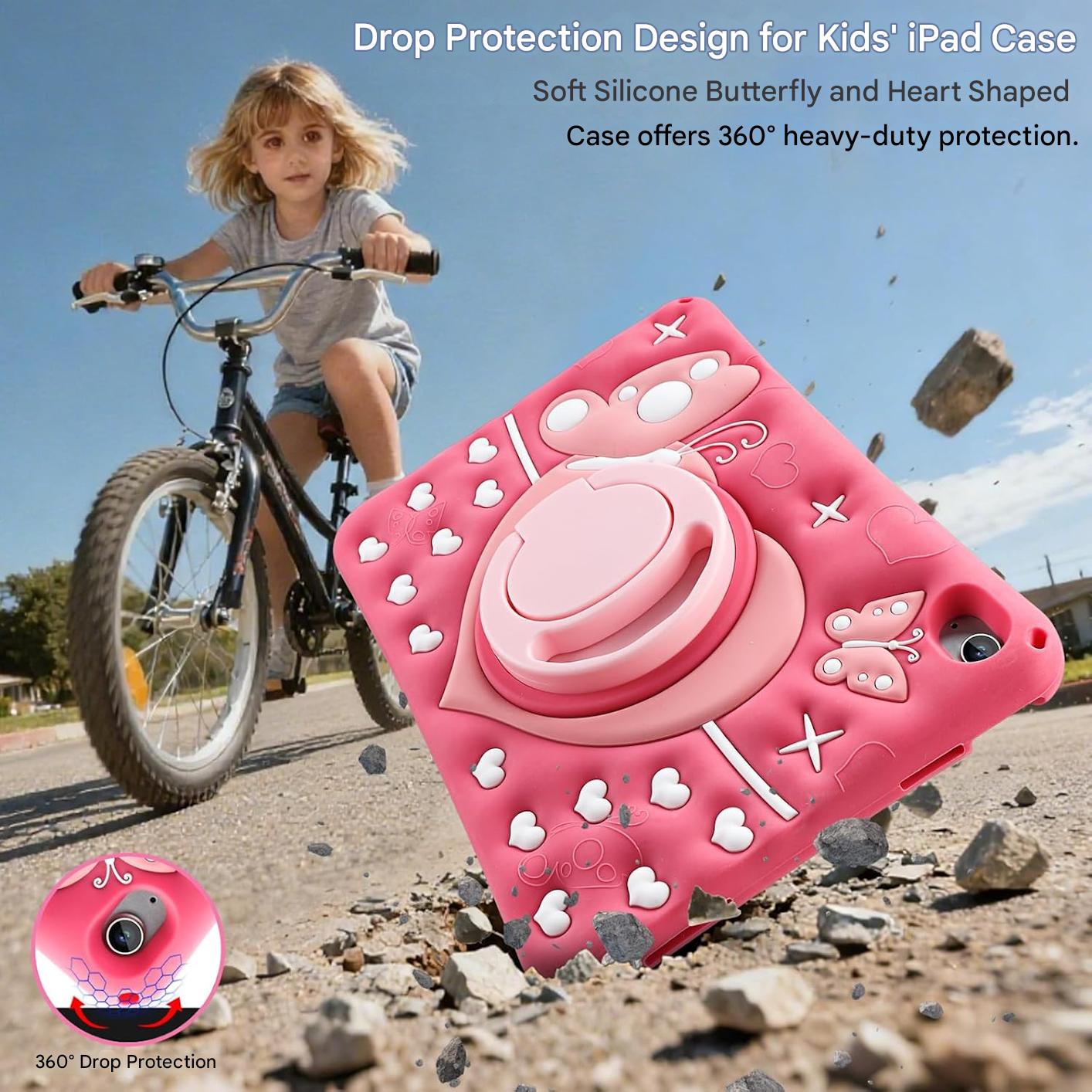 Husa de protectie Vofolen pentru iPad A16 11" / A10 10 "9", fluture, roz, rezistenta la socuri, cu maner rotativ 360, suport si curea de umar