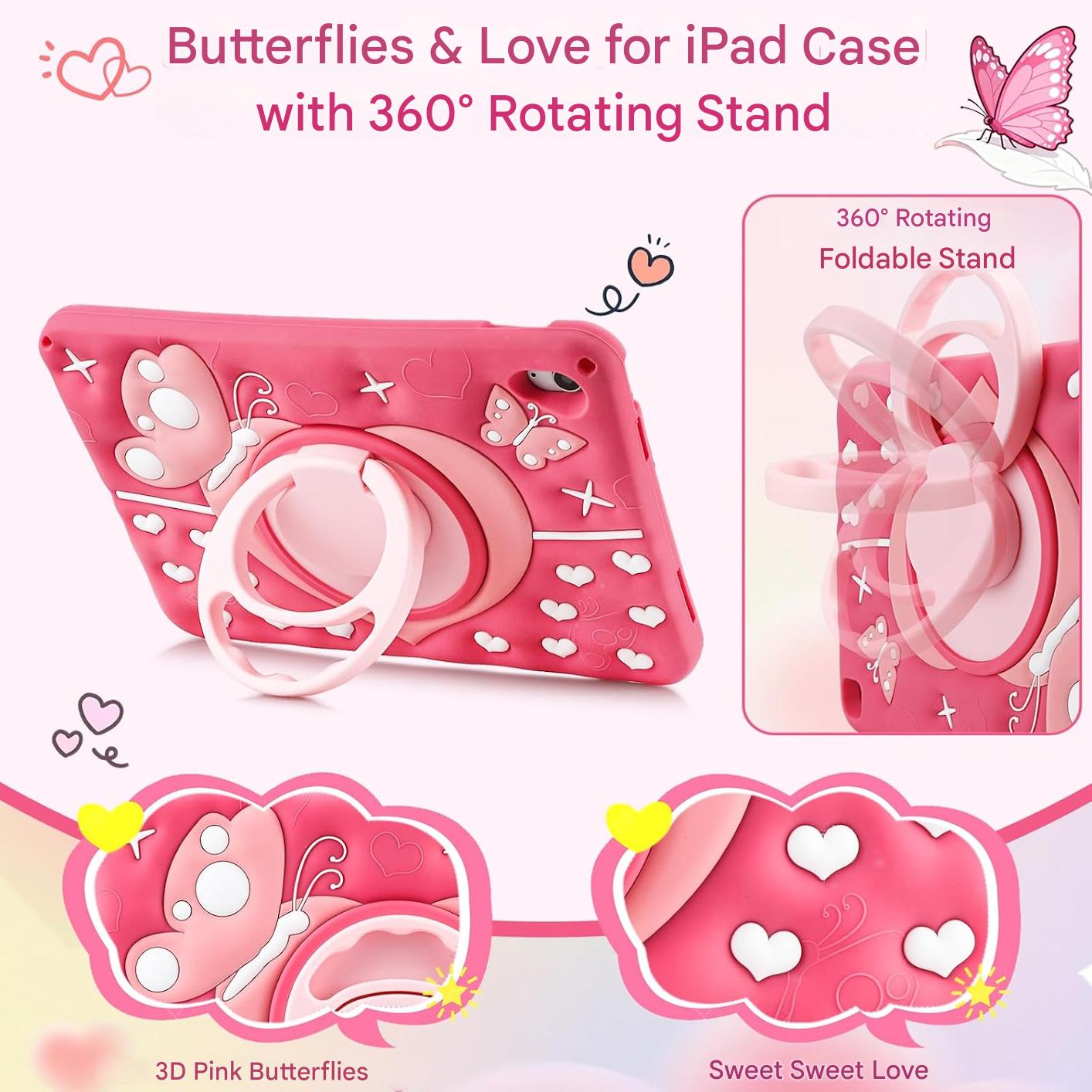 Husa de protectie Vofolen pentru iPad A16 11" / A10 10 "9", fluture, roz, rezistenta la socuri, cu maner rotativ 360, suport si curea de umar