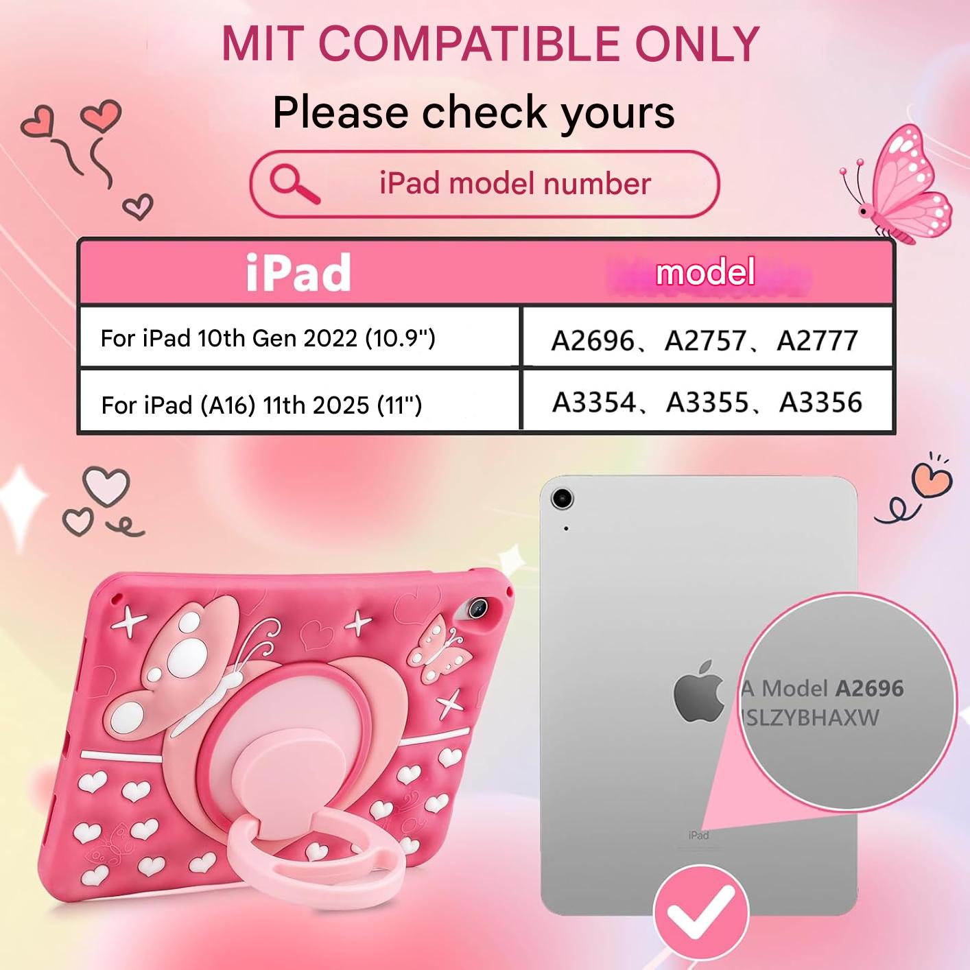 Husa de protectie Vofolen pentru iPad A16 11" / A10 10 "9", fluture, roz, rezistenta la socuri, cu maner rotativ 360, suport si curea de umar