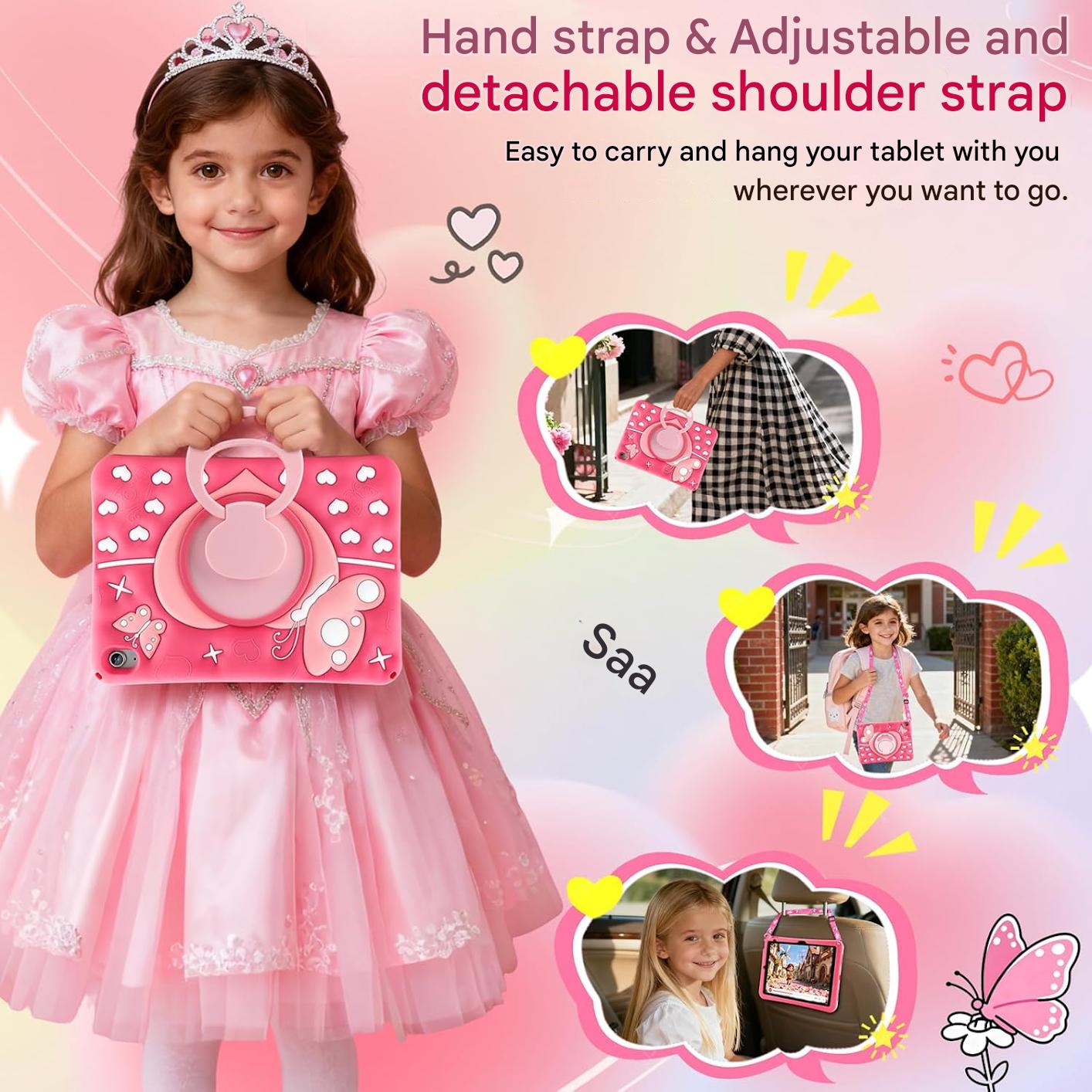 Husa de protectie Vofolen pentru iPad A16 11" / A10 10 "9", fluture, roz, rezistenta la socuri, cu maner rotativ 360, suport si curea de umar