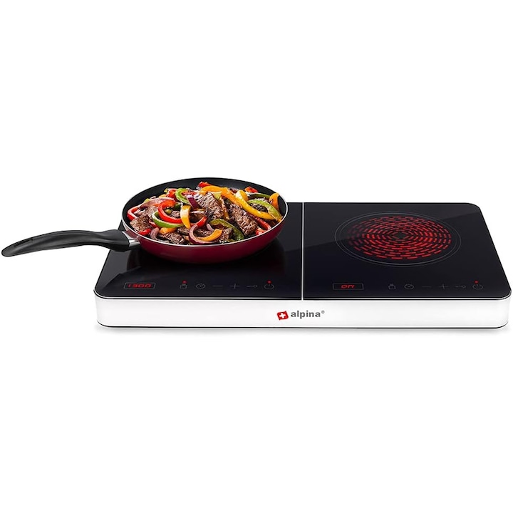 Plită cu inducție, Alpina, 2 zone de gătit, 3500 W, sticlă neagră, control digital