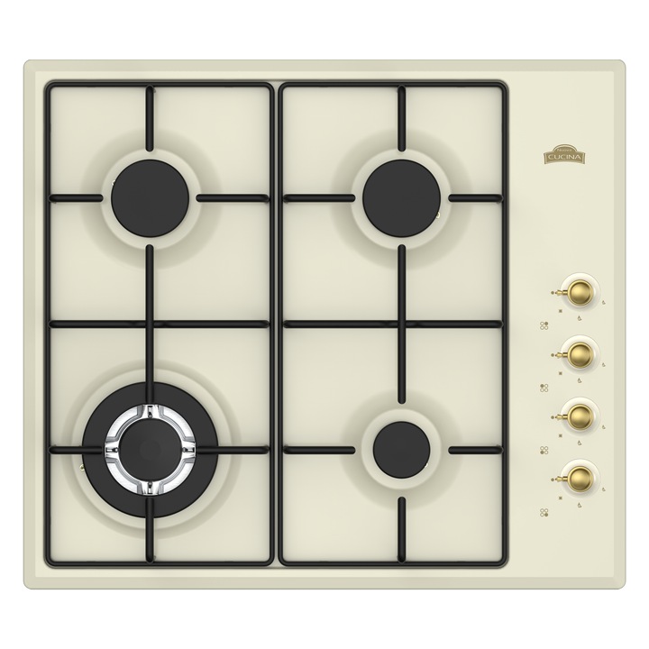 Plită pe gaz încorporabilă Nuova Cucina Retro, 4 arzătoare, Wok, bej, 60cm