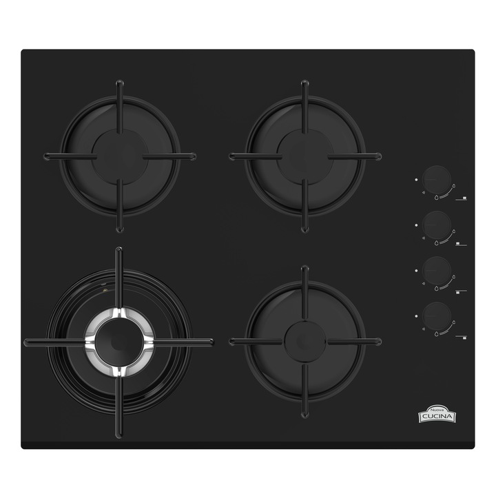 Nuova Cucina beépíthető gázfőzőlap, 60 cm, 4 égős, Wok, fekete üveg