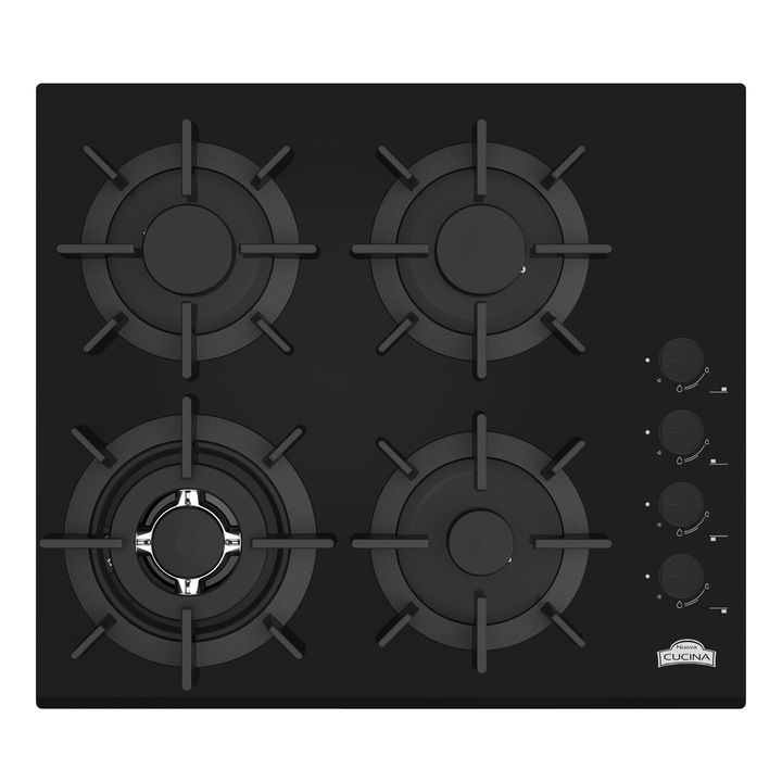 Вграден газов котлон Nuova Cucina, 60см, 4 горелки, Уок, черно стъкло